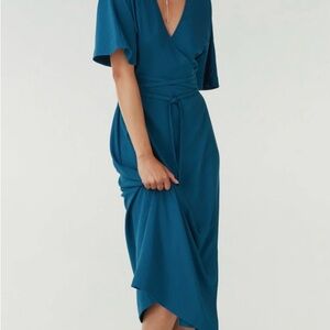 VETTA Blue Asymmetrical Wrap Dress with Flutter Sleeves